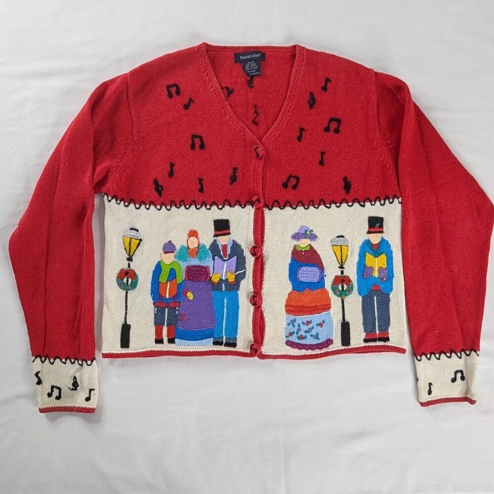 VTG Chunky Knit Christmas Carolers Button Front Holiday Embroidered Cardigan